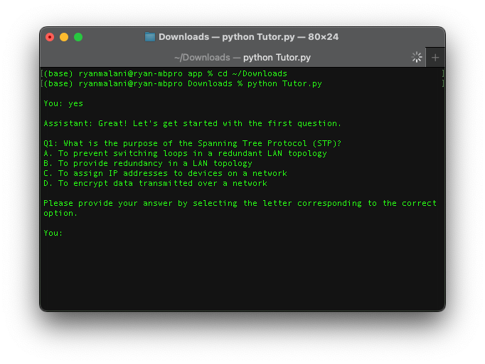 Running our study chatbot in the Mac terminal as a proof of concept.